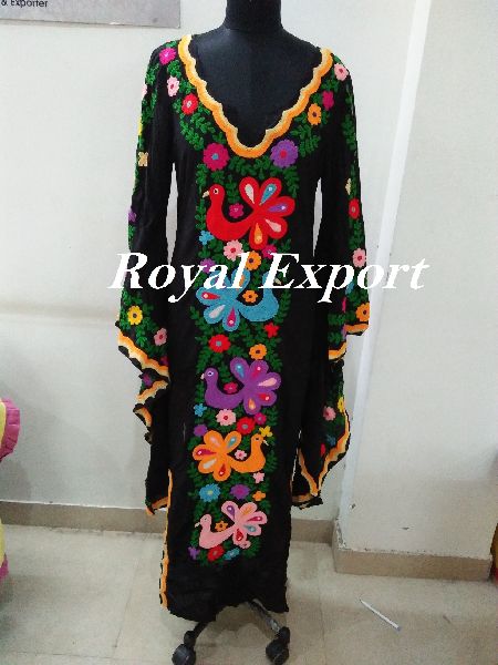 Long Sleeve Royal Butterfly Embroidered Kaftan Dress