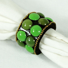 Green Glass beads studded shellac wooden napkin ring