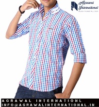 Customer's Brand 100% Cotton Men White Checkered Shirt, Pattern : Plaids