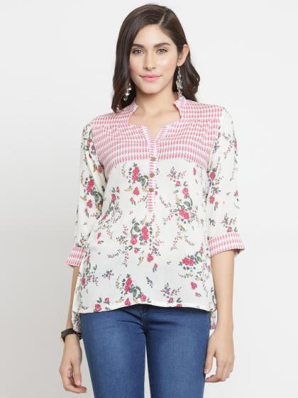 Laabha Women White Floral Print Top, Occasion : Casual