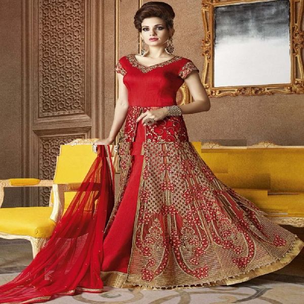 Attractive Red Color Raw Silk Embroidered Anarkali Suit