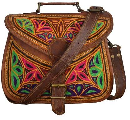 Vintage Brown Leather Women embroidery shoulder bag