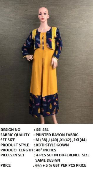 Printed Rayon Kurti With Koti, Size : L, M, XL, XXL