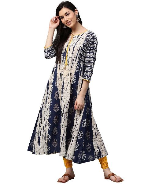 Jaipur Kurti Women Blue Abstract Straight Cotton Kurta