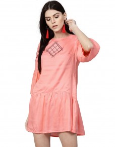 Jaipur Kurti Women Coral Solid A-Line Dobby Dress
