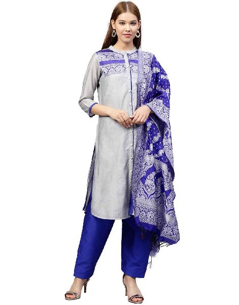 Jaipur Kurti Women Grey and Royal Blue Solid Straight Chanderi Kurta