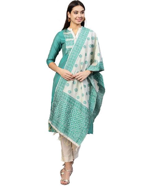 Jaipur Kurti Women Turquoise Blue and Off White Solid Straight Chanderi Kurta with Pant and Dupatta