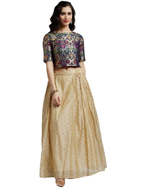 Multicolor Pure Silk Brocade Top with Chanderi Skirt
