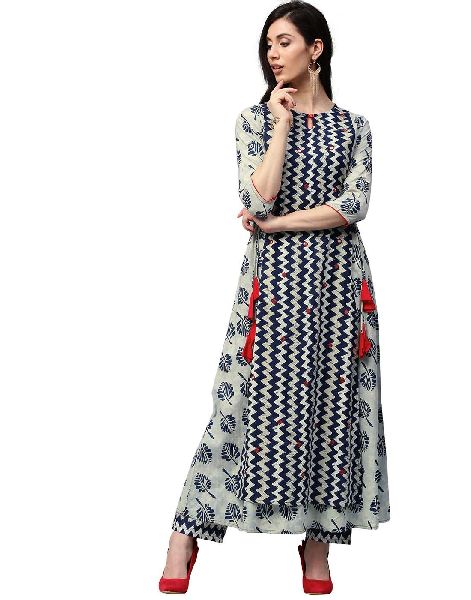 Zig-Zag Print Embroidered AND Double Layered Long Cotton Kurta with Palazzo