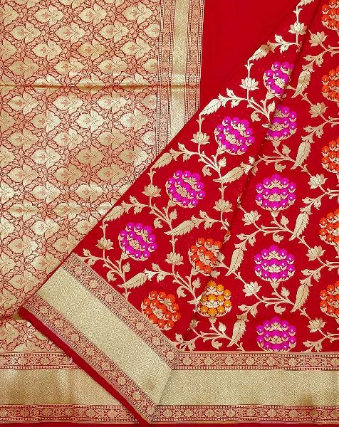 Party Wear Katan Silk Red All Over Floral Banarasi Saree