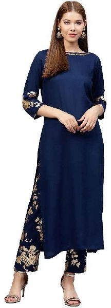 avy Blue Ethnic Motifs A-Line Rayon Kurta with Pant