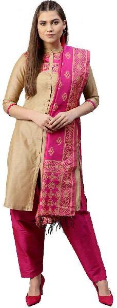 Beige and Rani Solid Straight Chanderi Kurta with Patiala and Dupatta