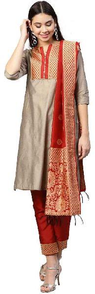 Beige and Red Solid Straight Chanderi Kurta with Pant and Dupatta