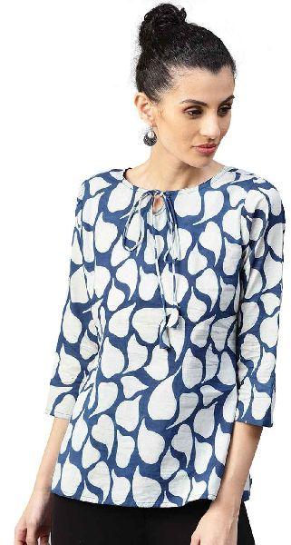 Blue Ethnic Motifs Straight Cotton Top