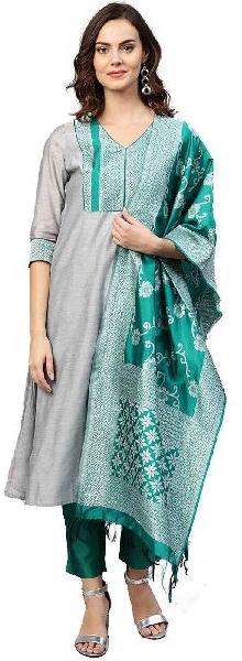 Grey and Green Solid Straight Chanderi Kurta with Pant and Dupatta