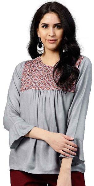 Grey Embroidered Straight Dobby Top