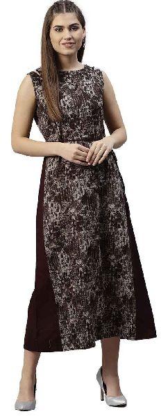Jaipur Kurti Women Brown Abstract A-Line Cotton Dress