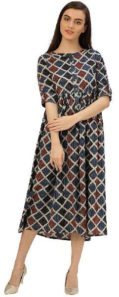 Jaipur Kurti Women Indigo Geometrical Print Cotton Kantha Dress