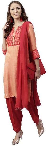 Jaipur Kurti Women Orange and Red Ethnic Motifs Straight Satin Kurta with Patiala and Dupatta