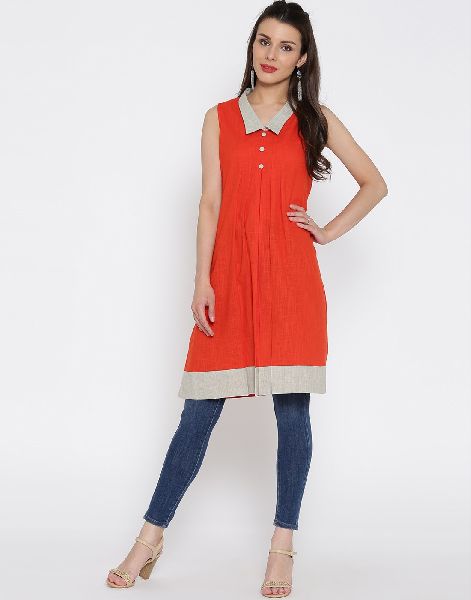 Women Orange Self Woven Kurti