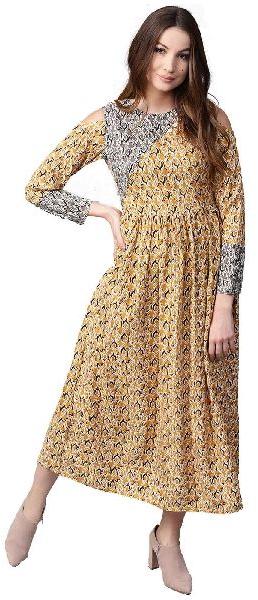 Jaipur Kurti Women Yellow Floral A-Line Rayon Dress