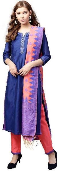 Kurti Women Blue and Coral Solid Straight Chanderi Kurta with Pant Dupatta