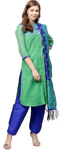 Kurti Women Green and Blue Solid Straight Chanderi Kurta With Patiala Dupatta
