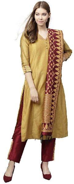 Kurti Women Mustard and Maroon Solid Straight Chanderi Kurta with Pant Dupatta