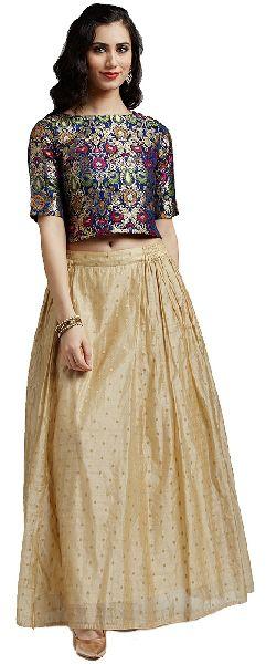 Multicolor Pure Silk Brocade Top with Chanderi Skirt