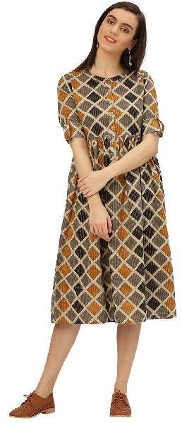 Mustard Geometrical Print Cotton Kantha Dress