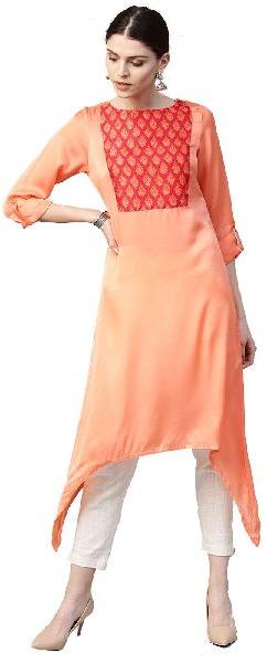 Orange and Off White Solid Straight Satin Kurta With Pant