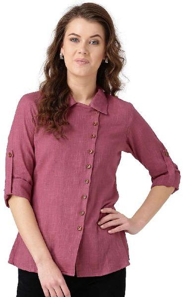 Pink Solid Front Placket Cotton Slub Shirt