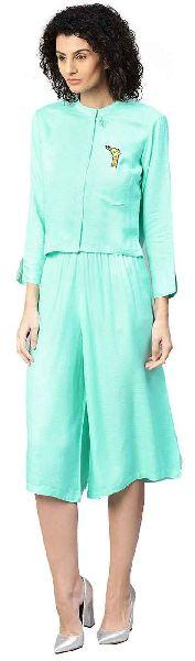 Turquoise Blue Embroidered Straight Dobby Top with Culottes