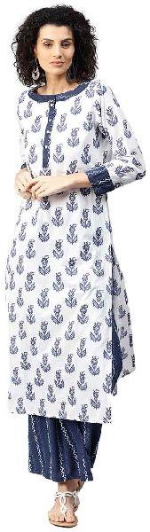 White and Blue Ethnic Motifs Straight Cotton Kurta with Palazzo