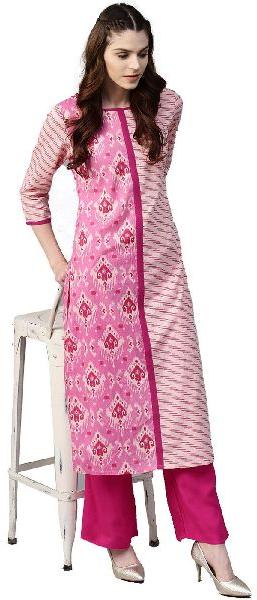 Women Pink and Rani Geometric Straight Cotton Kurta With Palazzo