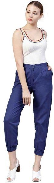 Women Royal Blue Solid Cotton Slub Trousers