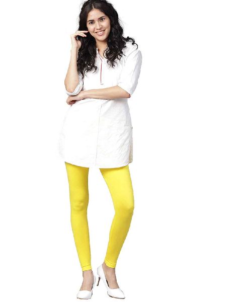 Women Yellow Solid Cotton Lycra Leggings