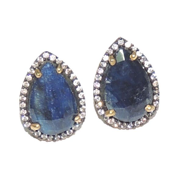 Blue Sapphire With CZ Pear Shape Gold Plated over 925 Sterling Silver Stud