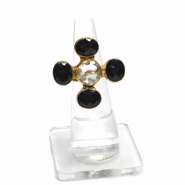 Crystal With Black Onyx Round & Oval Shape Gold Plated Bezel Gemstone Ring