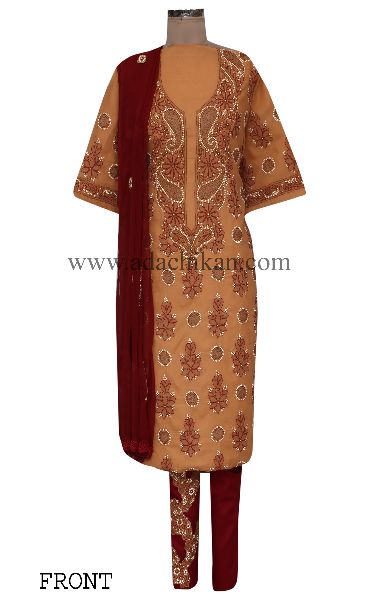 Embroidered Fawn Cotton Lucknowi Chikankari Suit Piece
