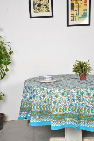 FLORAL JAAL BLUE ROUND TABLE COVER, Size : 90R