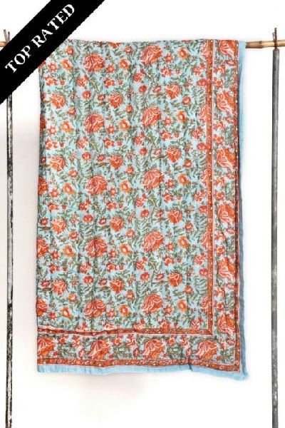 GULZAR HAND BLOCK PRINTED QUILT, Color : Turquoise
