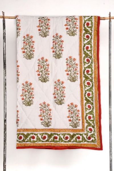 MAHTAB HAND BLOCK PRINTED QUILT, Color : White