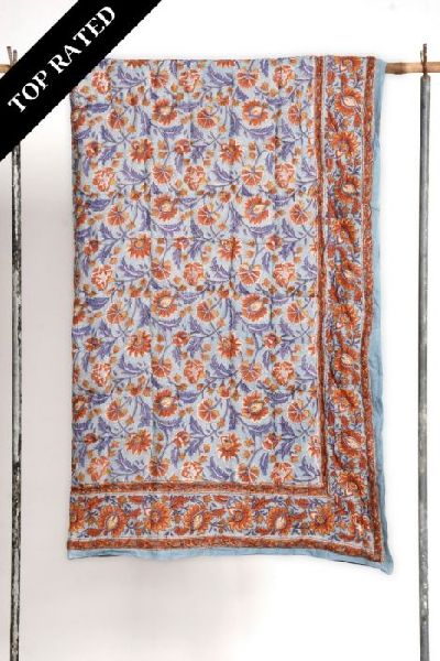 NARGIS B HAND BLOCK PRINTED QUILT, Color : Blue