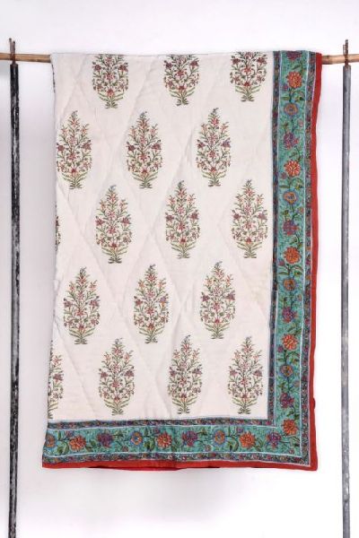 NISHAT HAND BLOCK PRINTED QUILT, Color : White