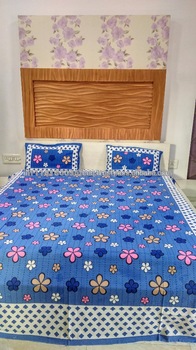 COTTON FLORAL PRINT DOUBLE BED SHEET, for Disposable, Home, Hotel, Color : BLUE