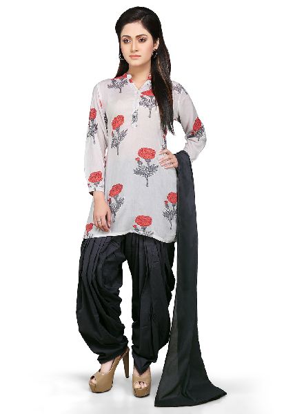 PRINTED RAYON PUNJABI SUIT IN WHITE