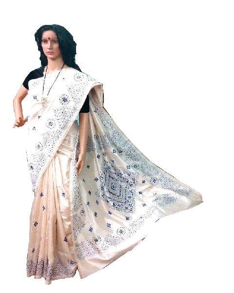 White Kantha Stitch Art Silk Saree, for Festival Wear, Party Wear, Feature : Embroidered, Impeccable Finish