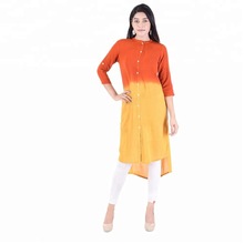 Women Solid Designer Tie Die Orange Yellow 3/4 Sleeve Kurtis