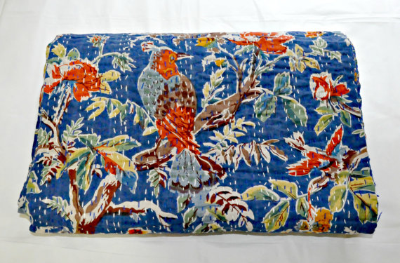 Bird Print Kantha Bedspread Ethnic Blanket Quilt